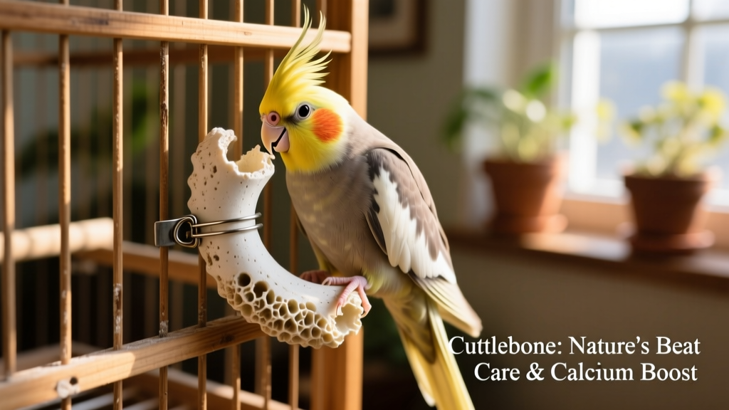 A cockatiel perched beside a cuttlebone attached to the side of its cage with a metal clip