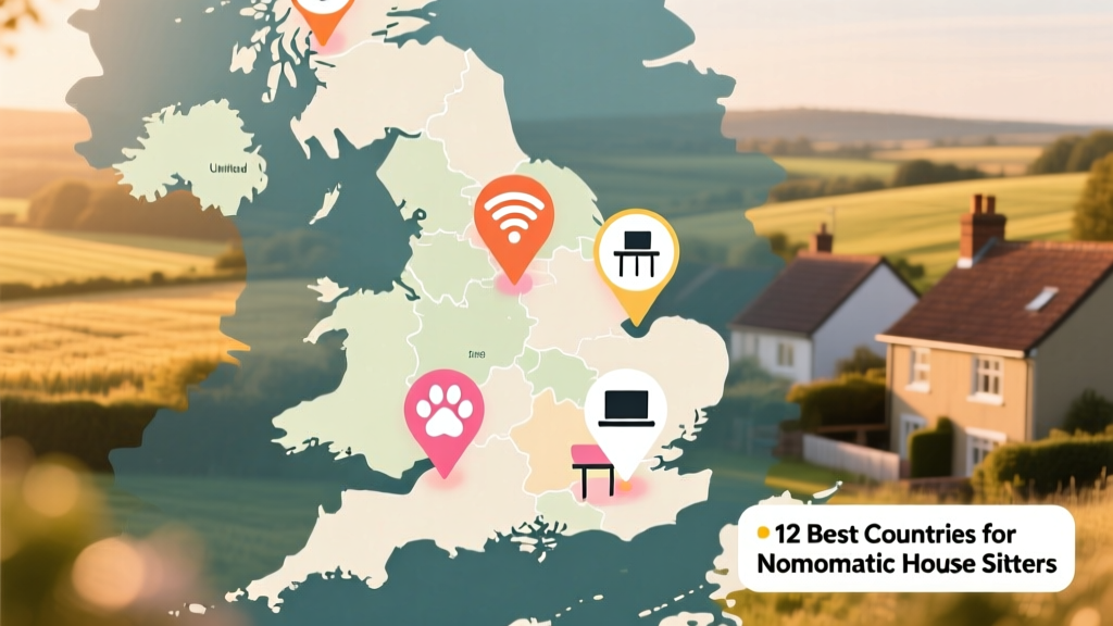 A map of the UK overlaid with highlighted house sitting hotspots and icons representing pets, Wi-Fi, and co-working spaces