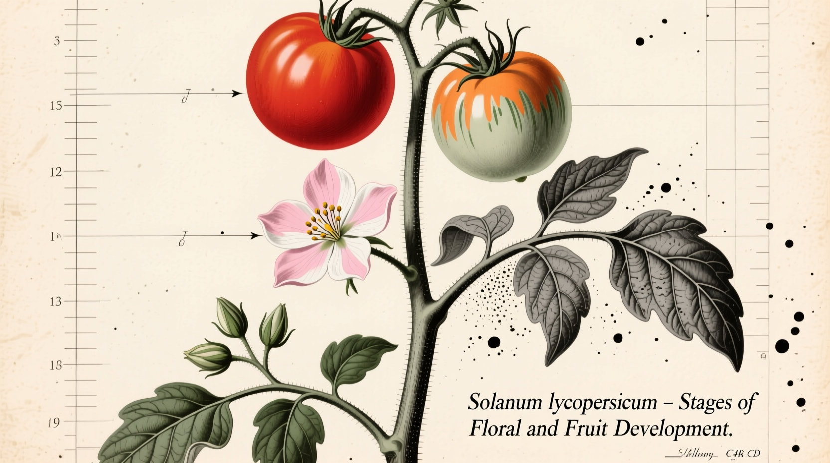 Tomato plant with flowers and fruit showing botanical development