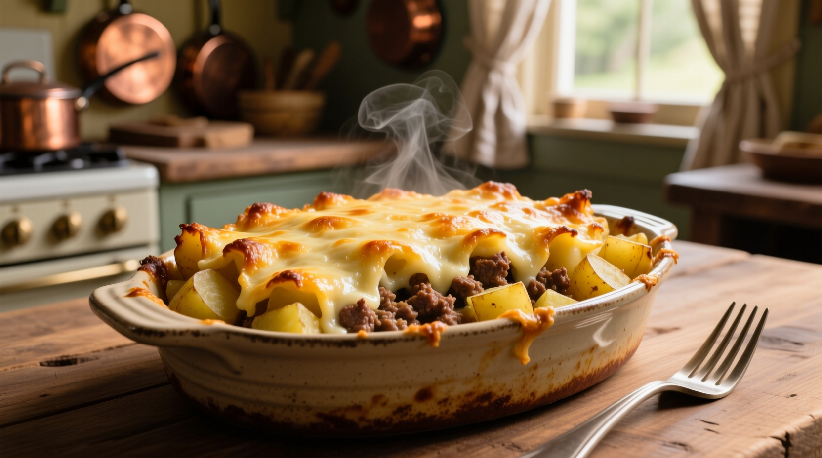 Golden baked meat and potato casserole with melted cheese topping