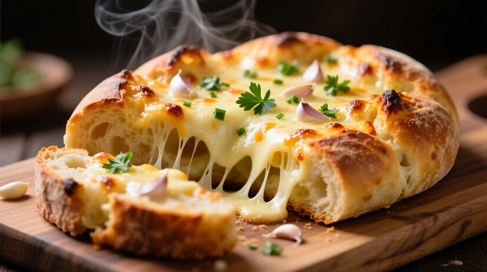 Freshly baked garlic cheese bread with melted cheese