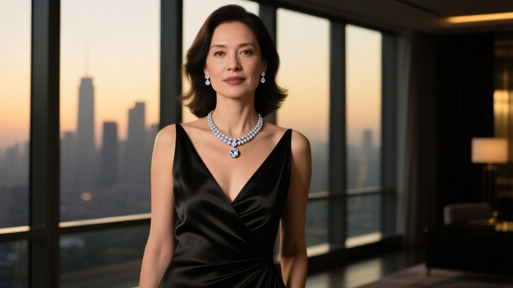 Woman wearing a diamond tennis necklace and solitaire pendant over a V-neck black silk gown in a dimly lit, elegant room.
