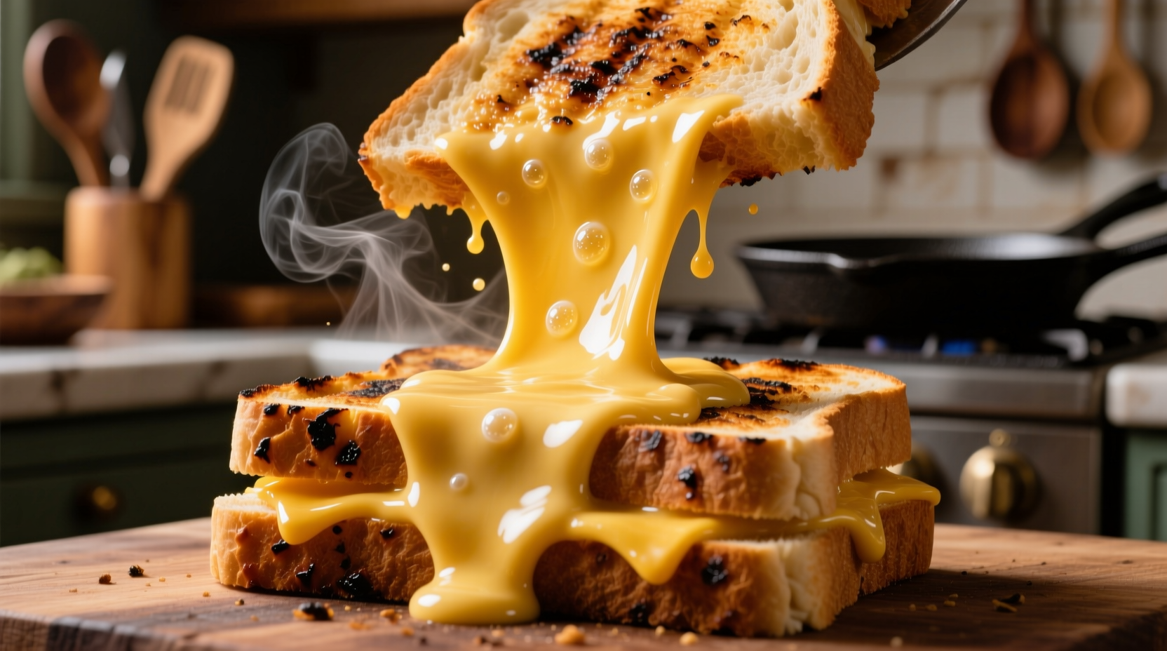 Close-up of melted processed cheese on grilled sandwich