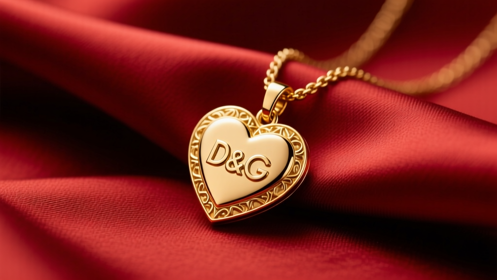 Macro shot of a gold-plated D&G heart pendant necklace on crimson silk, soft studio lighting, high-end fashion editorial.