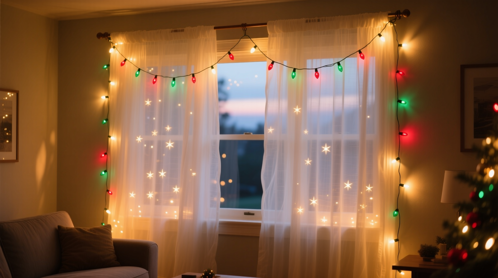 how to layer christmas lights behind sheer curtains for a soft glow effect