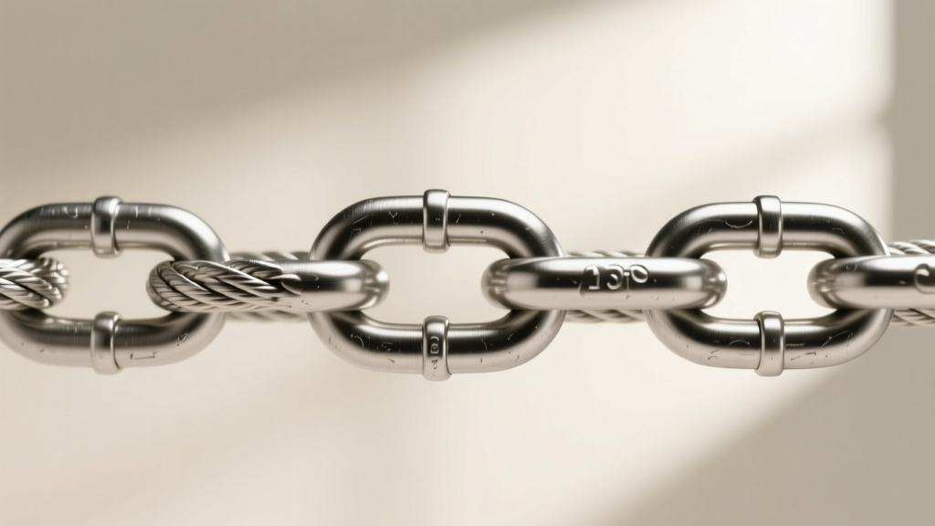 Side profile of a 316L stainless steel rope chain with a heavy lobster clasp, highlighting the brushed metal texture and links.