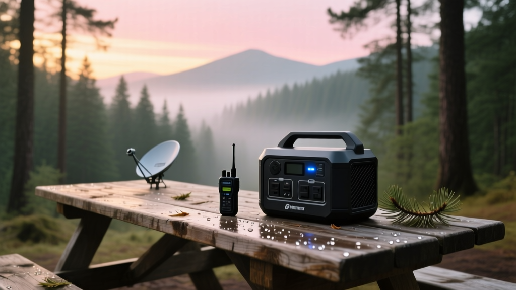 Rugged portable power station and satellite communicator resting on a weathered wooden picnic table overlooking a pine forest at dawn