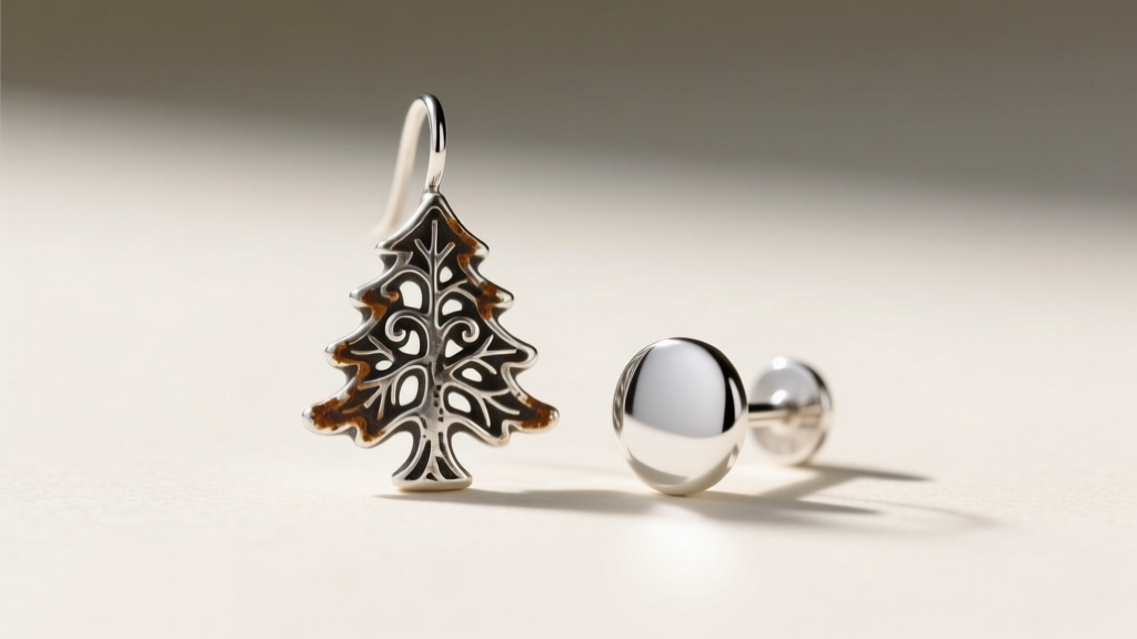 Macro shot of a tarnished traditional silver tree earring beside a bright untarnished Argentium silver holiday stud