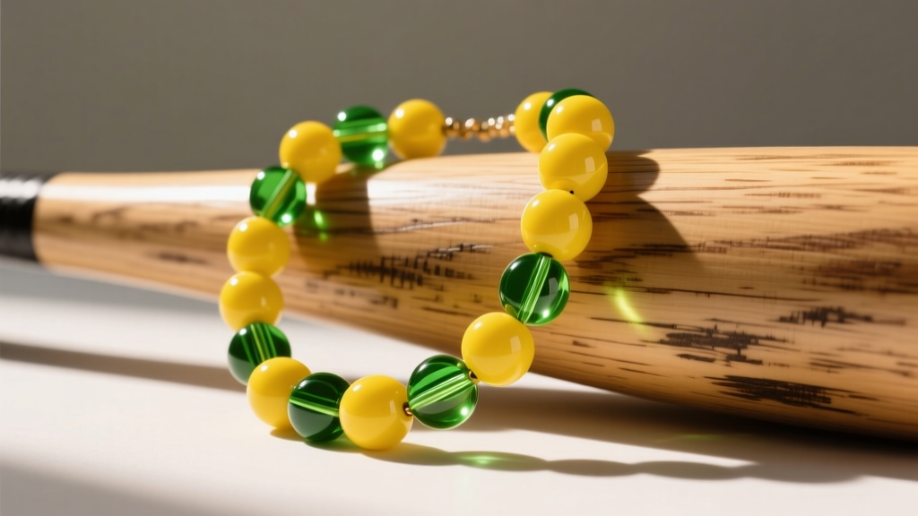 Yellow and green acrylic beaded necklace on a wood bat, sunlight highlighting the glossy surface of the round sports fan beads.