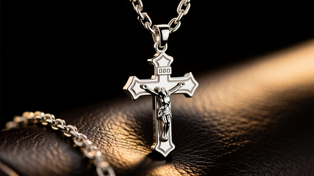 Close-up of a thick sterling silver crucifix pendant on a Cuban link chain resting on dark leather with dramatic studio lighting.