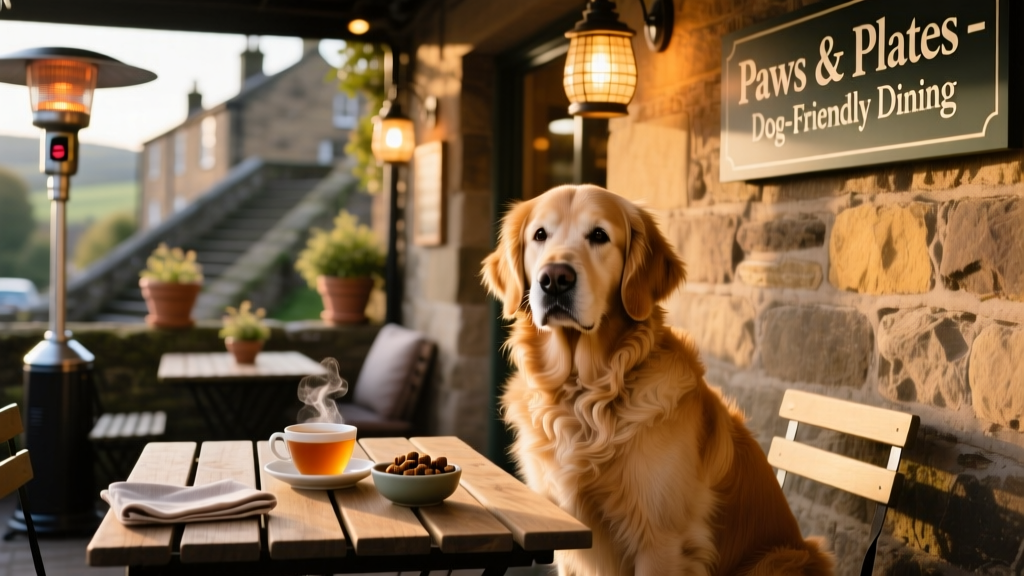 A dog sitting beside a table at a stylish, dog-friendly restaurant with outdoor heaters and soft lighting