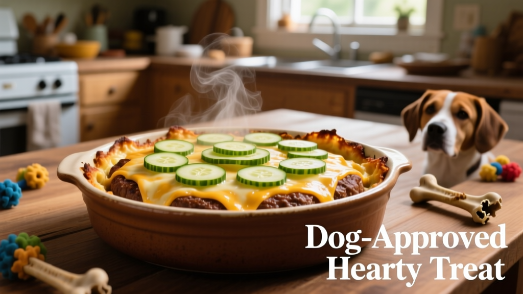 A golden-brown hamburger casserole in a ceramic baking dish, topped with melted mozzarella and fresh cucumber slices