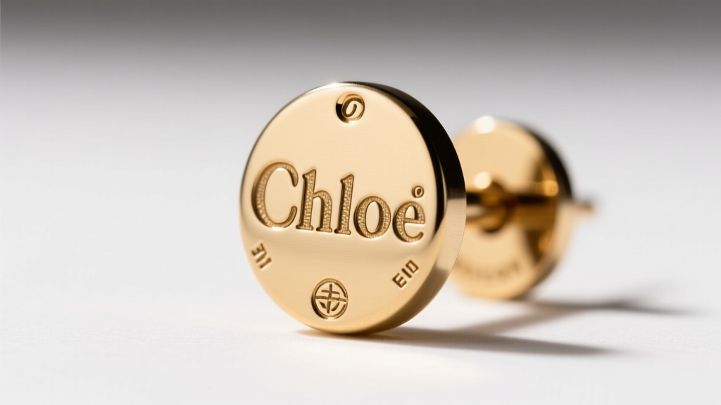 Macro shot of a Chloe earring hallmark stamp showing crisp brand lettering and metal marks on a polished brass post backing.