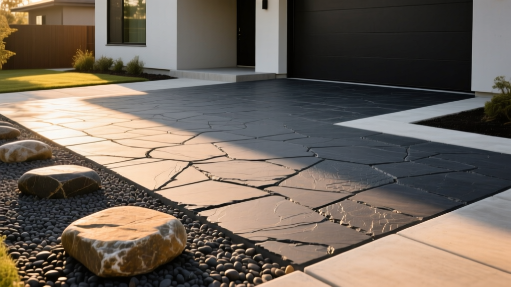 Exposed aggregate concrete with river stones beside stamped concrete mimicking dark slate on a modern residential driveway