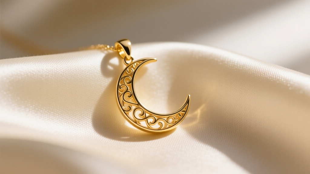 Close-up of a delicate 14k yellow gold crescent moon pendant resting on a textured cream silk fabric, soft natural window lighting