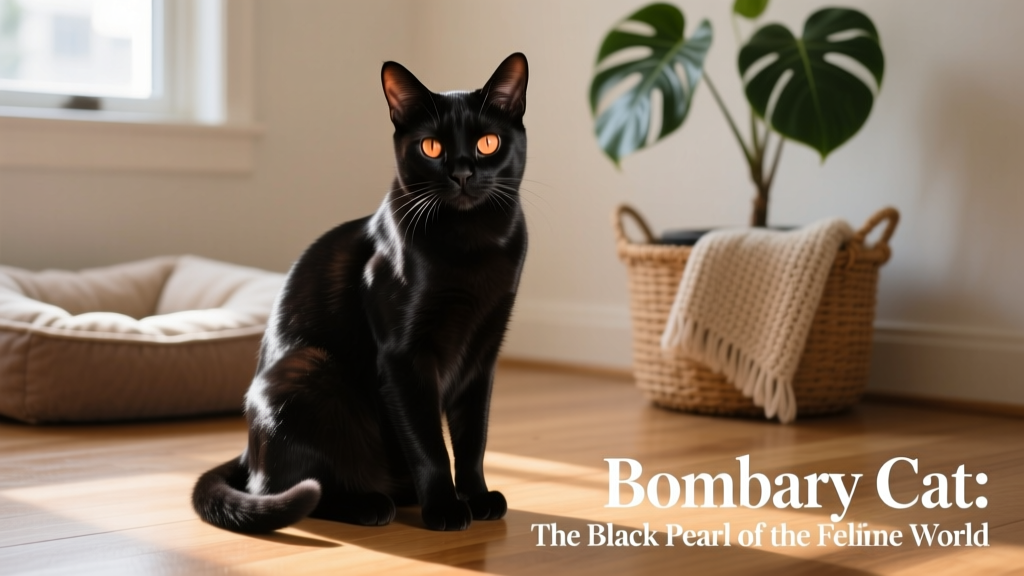 A sleek, glossy black Bombay cat sitting elegantly with striking copper eyes