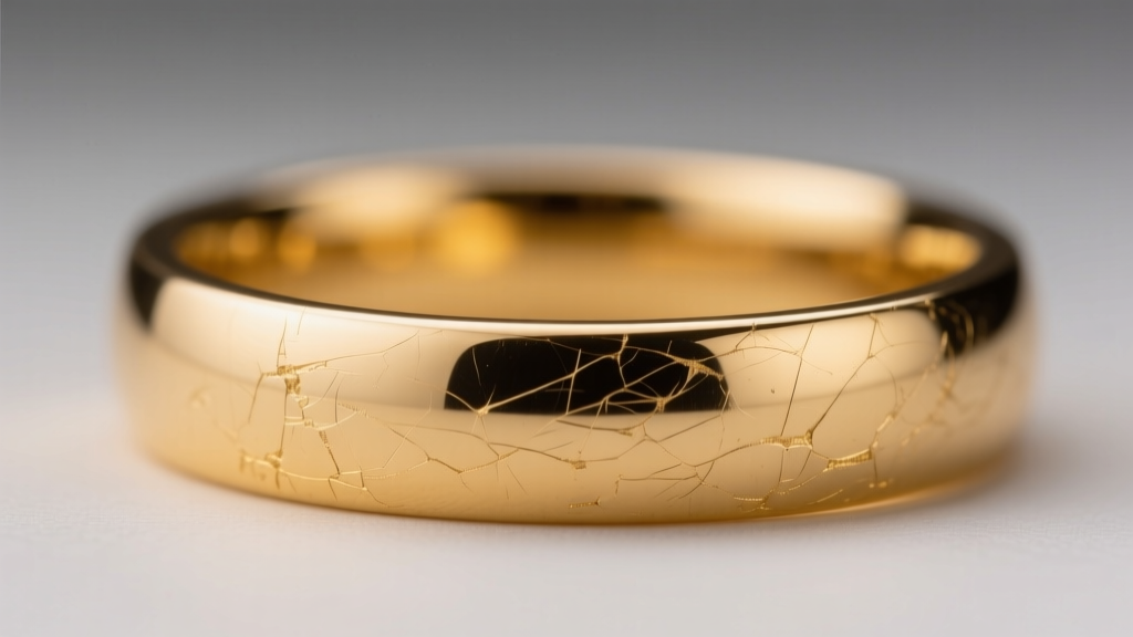 Macro lens shot showing micro-scratches on the surface of a 14k yellow gold wedding band, highlighting dullness from abrasive polishing.