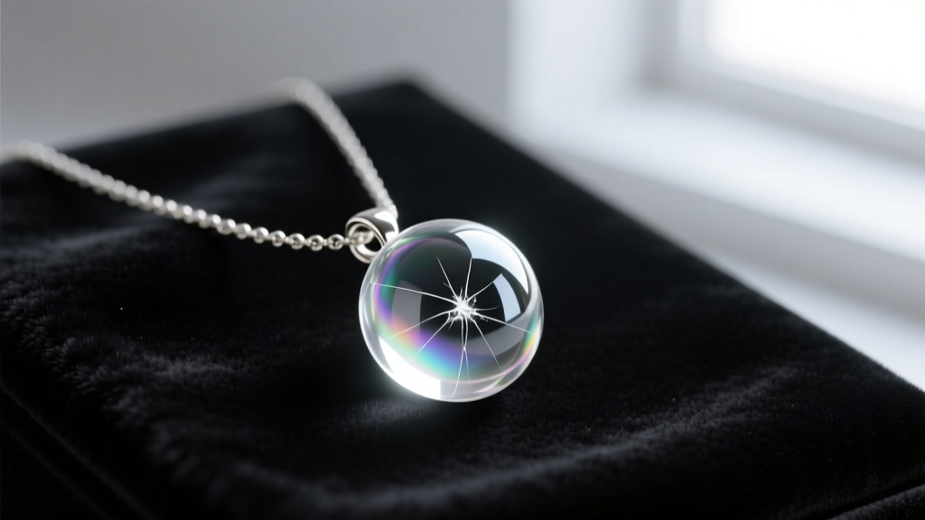 Macro shot of a blown glass bubble necklace pendant on dark velvet, showing a fine surface scratch catching soft light.