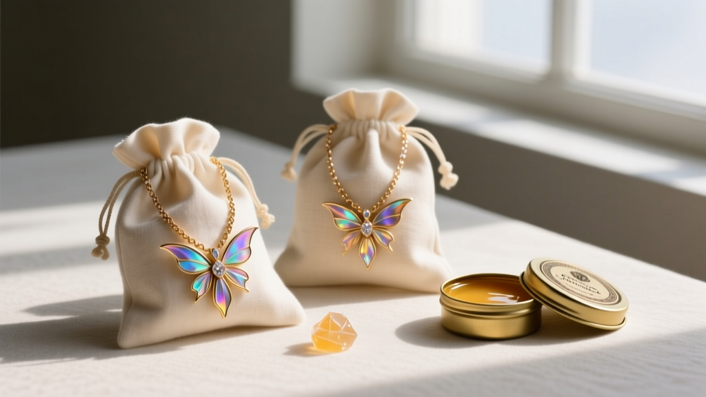 Retired Kirks Folly fairy necklaces stored in anti-tarnish cloth pouches next to a small tin of Renaissance micro-crystalline wax.