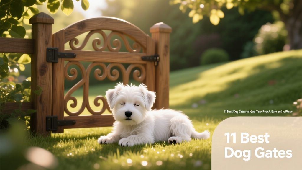 West Highland white terrier puppy calmly resting behind a sturdy, arched dog gate