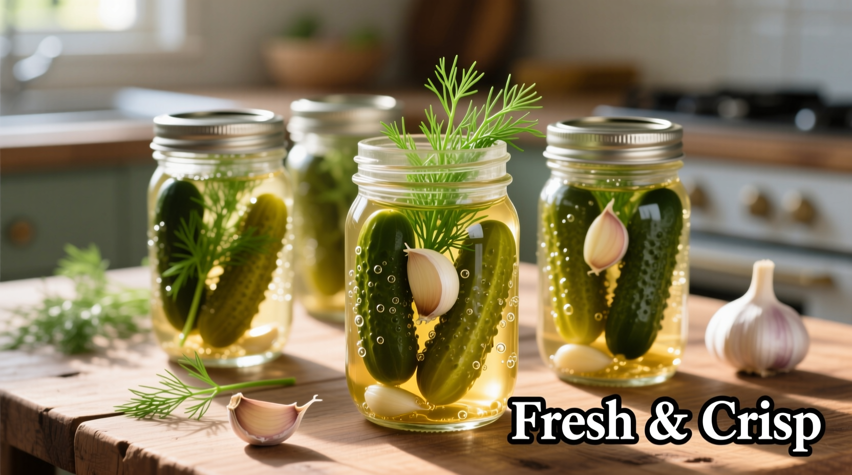 Crisp garlic dill pickles in mason jars
