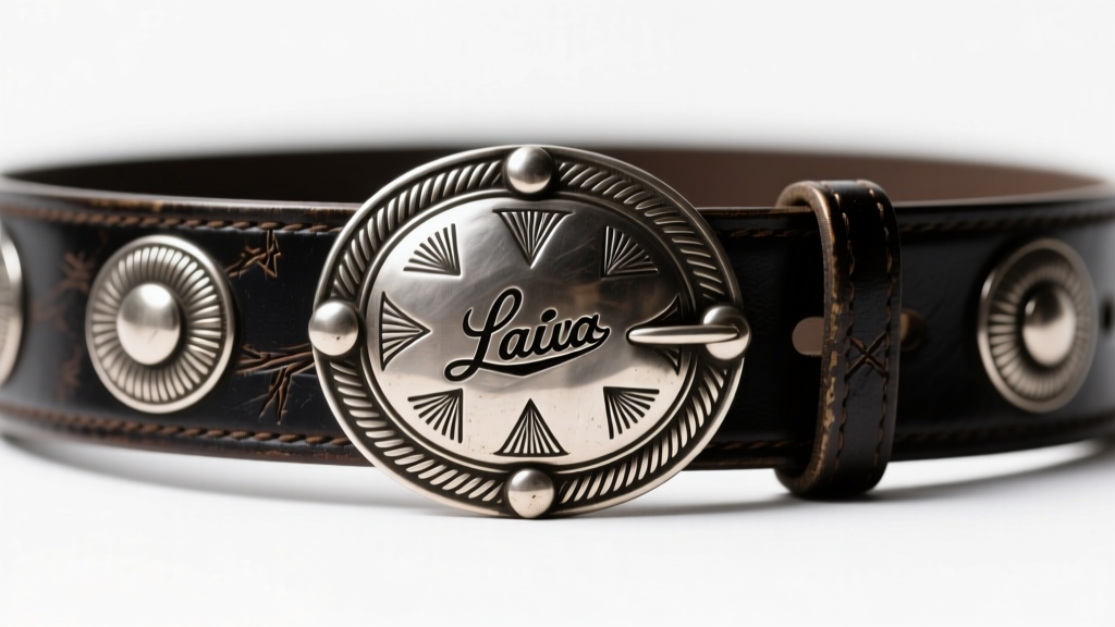 Close-up of a vintage Navajo silver concho belt showing a hand-stamped artist hallmark and dark patina under bright studio lighting.