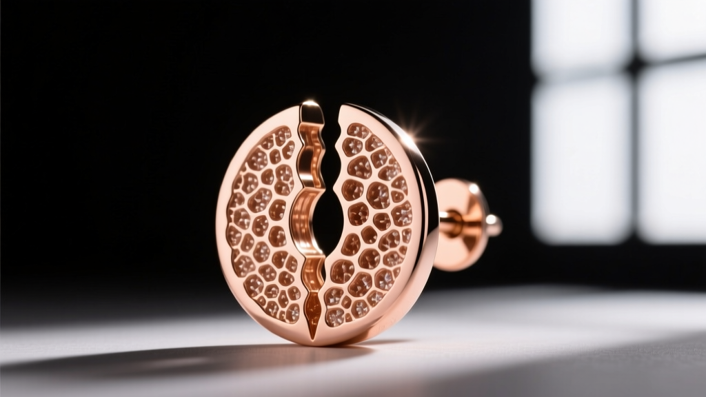Cross-section of a die-struck 14k rose gold earring post revealing a dense, non-porous internal structure versus cast jewelry.