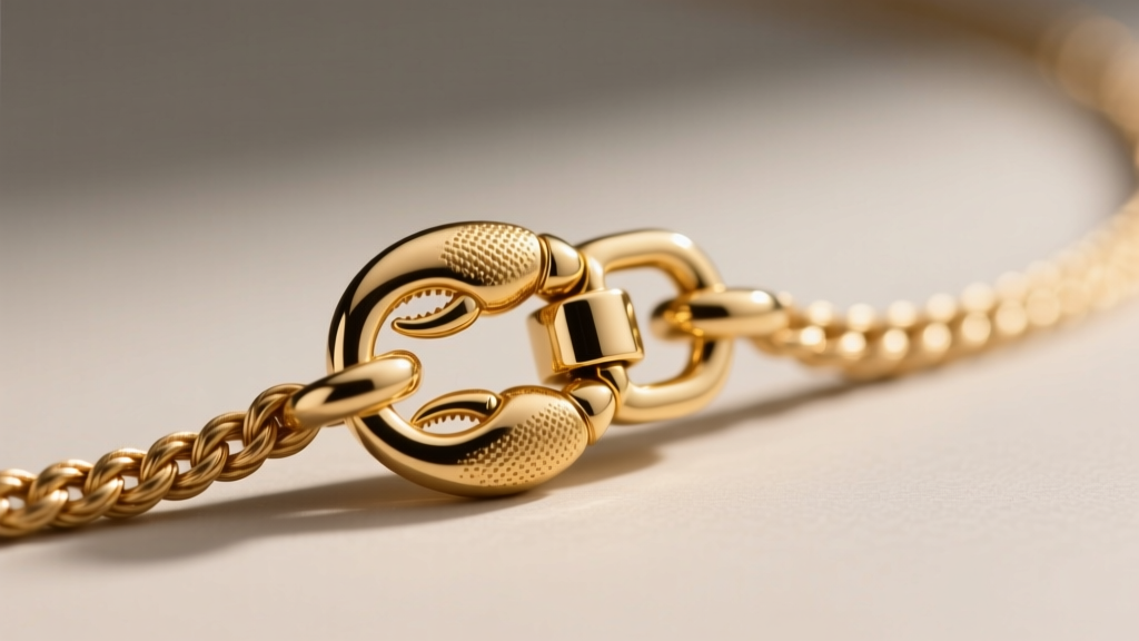 Macro photography of a 14k gold lobster clasp attached to a 2.5mm rope chain, showing detailed metal texture and secure closure
