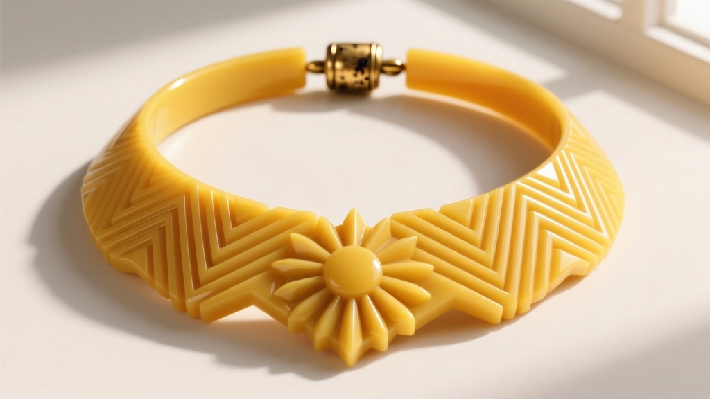 Macro shot of an Art Deco yellow bakelite necklace featuring deep hand-carved geometric motifs and an original brass barrel clasp