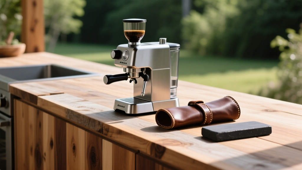 Rustic cedar outdoor kitchen counter featuring a leather knife roll, a whetstone, and a portable stainless steel espresso machine.
