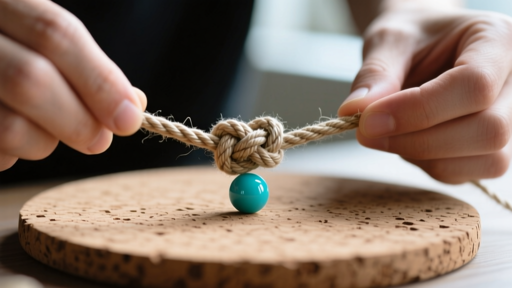 Close-up of hands tying a square knot with 2mm waxed hemp cord, featuring a turquoise bead on a textured cork crafting board.