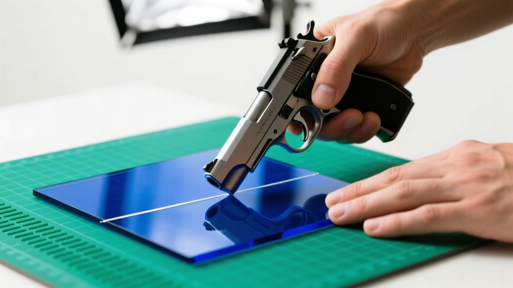 Hands using a pistol-grip glass cutter to score cobalt blue COE 90 fusible glass on a green cutting mat in a bright studio.