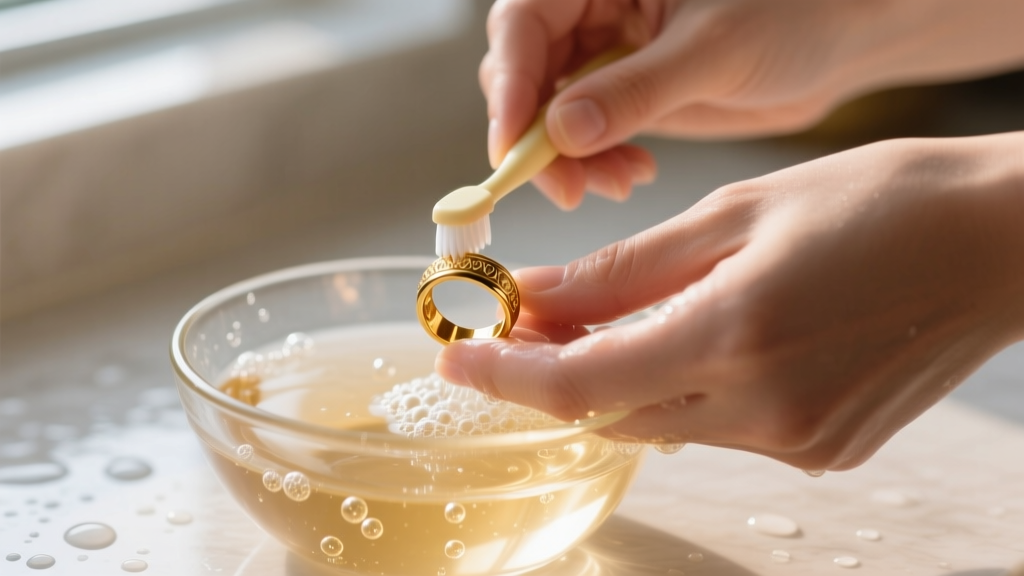 Hands gently washing a delicate gold plated ring in a glass bowl of warm soapy water using an extra-soft baby toothbrush.
