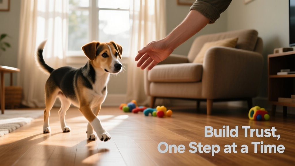 A calm, gentle hand offering a treat to a hesitant but curious dog in a quiet living room
