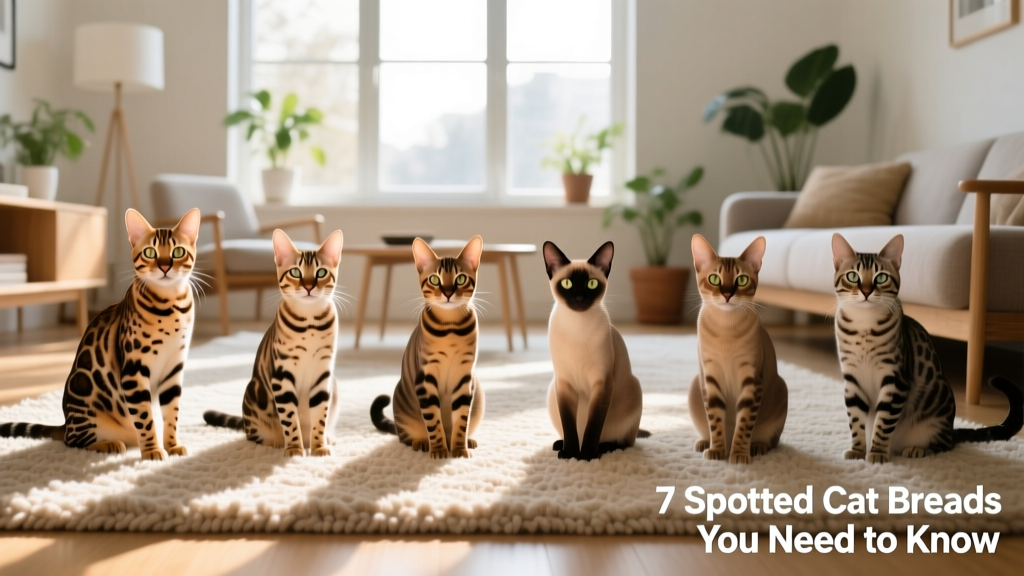 Side-by-side comparison of several spotted cat breeds posing calmly on a sunlit rug