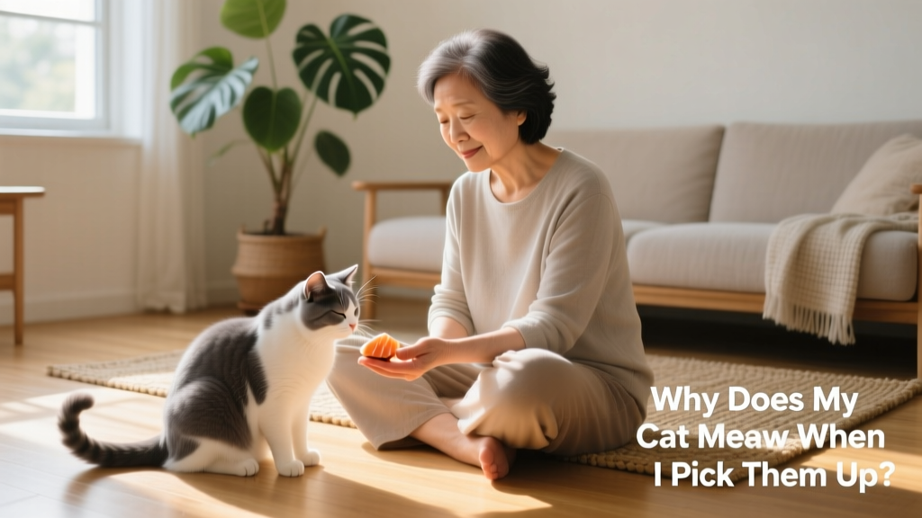 Person sitting calmly on the floor with a relaxed cat nearby, offering a treat from an open palm