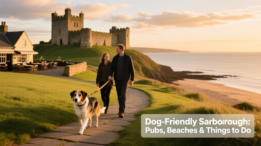 Scarborough Castle perched on a grassy headland overlooking the North Sea, with a dog on a lead walking along the path