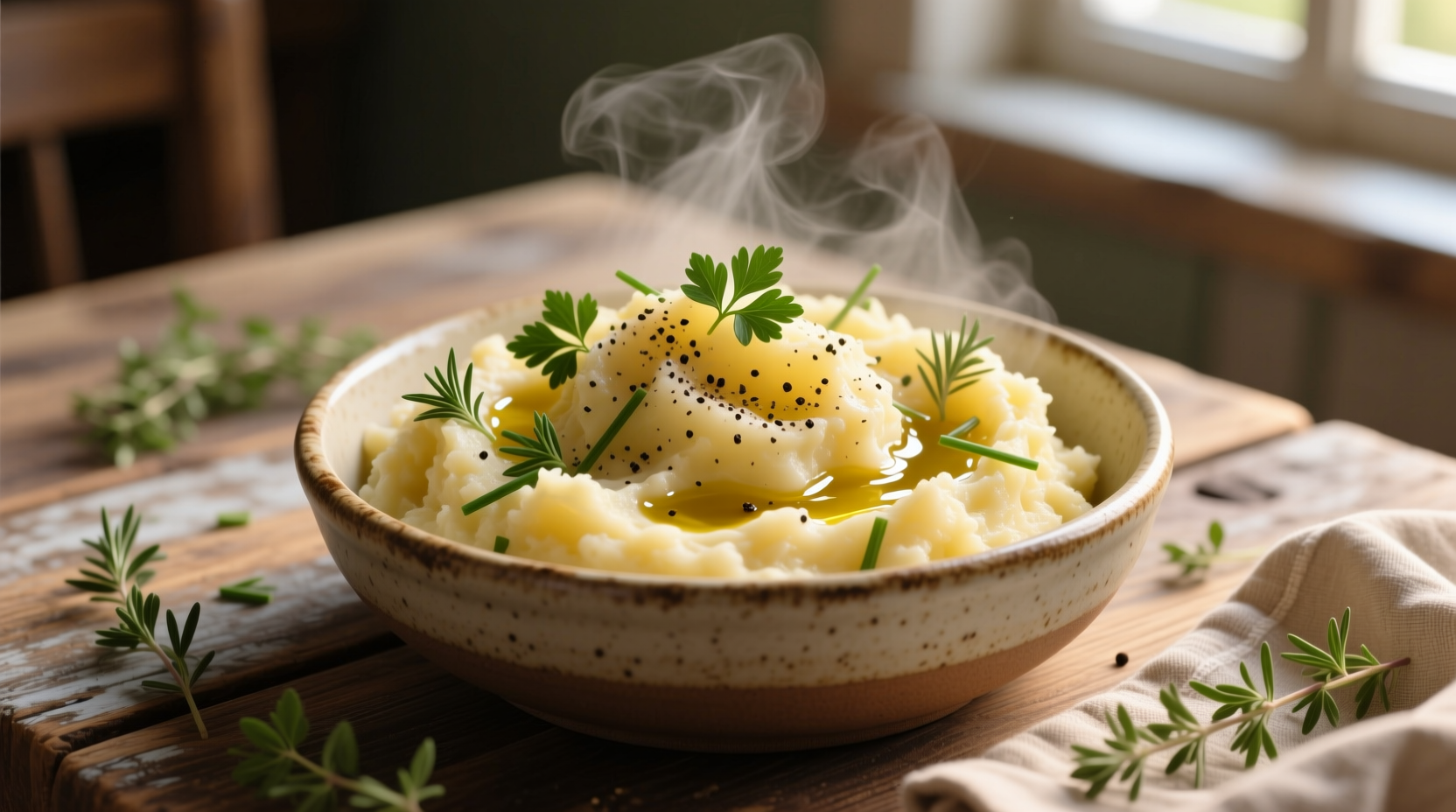 Nutritious bowl of homemade mashed potatoes with herbs