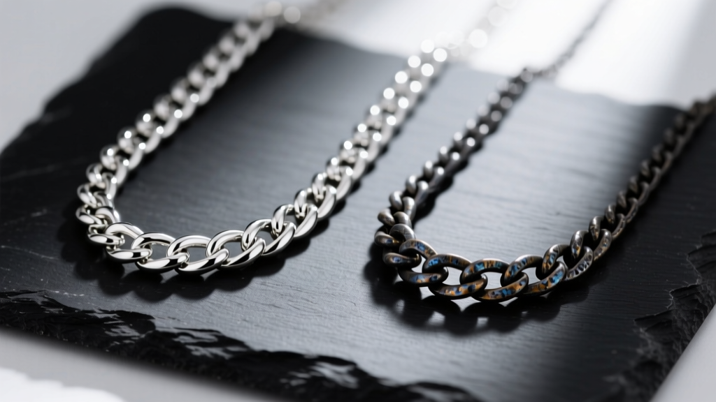 Macro shot comparing polished sterling silver and oxidized surgical steel pendant chains side-by-side on a dark slate surface