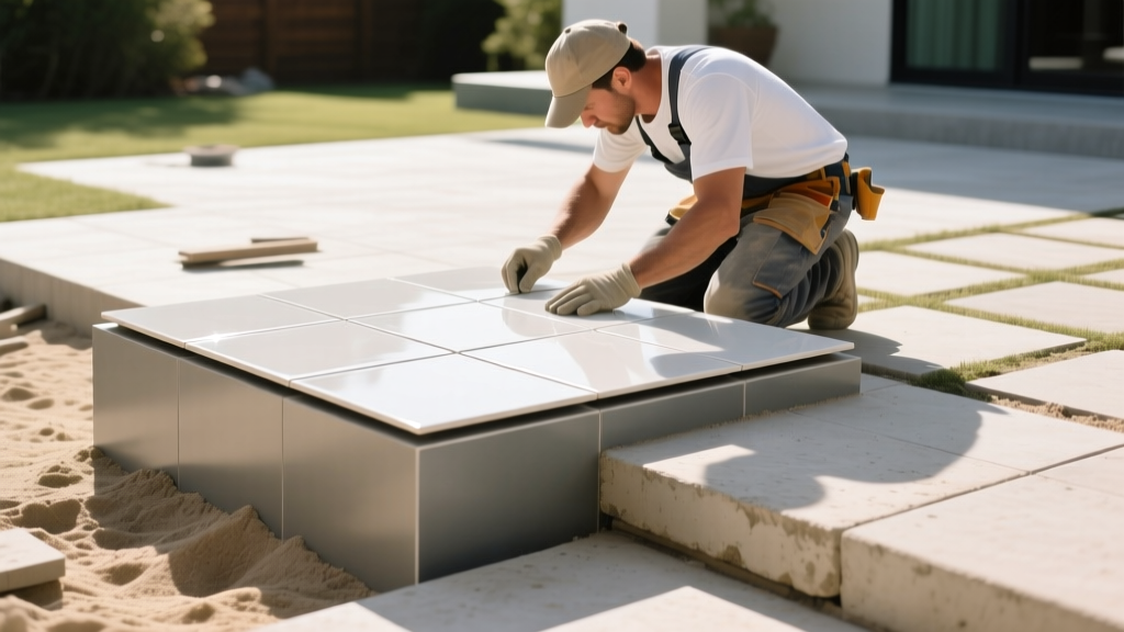 Mason aligning 20mm porcelain pavers on a pedestal system adjacent to a traditional sand-set concrete paver patio in a sunny modern backyard