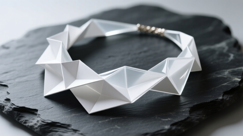 Avant-garde paper necklace of folded white Tyvek sealed with matte bio-resin, displayed on dark slate under soft studio lighting.