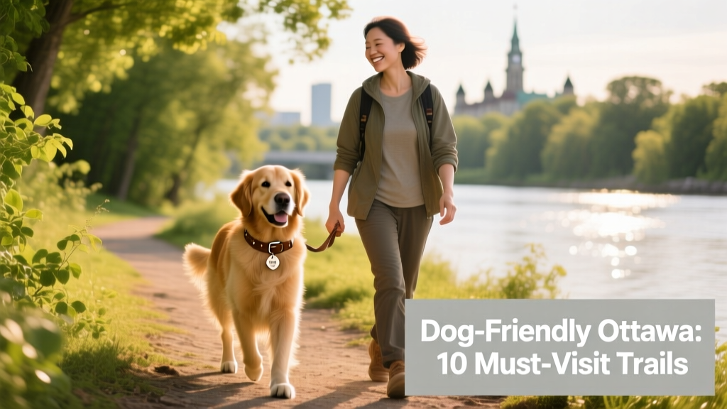 A dog and their person walking along a scenic riverside trail in Ottawa