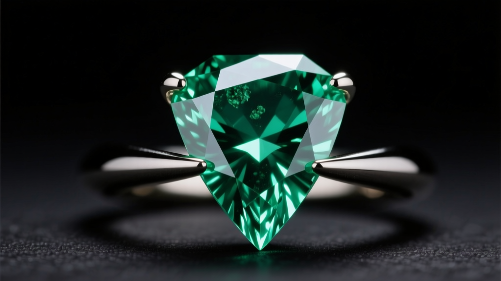 Close-up of a V-prong setting securing the brittle corner of a faceted emerald gemstone against a dark velvet background