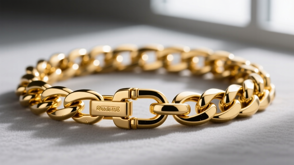 Close-up of an 18k gold Cuban link chain showing interlocking flat links and a lobster clasp against a soft neutral gray background.