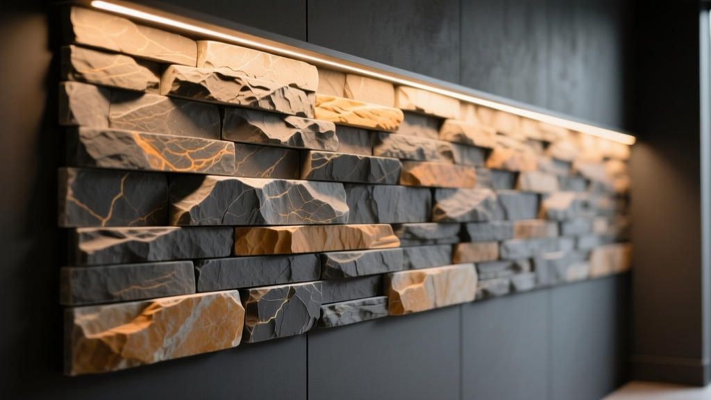 Close-up of modular stone veneer panels in 6x24 dimensions dry-stacked on a dark grey interior accent wall under warm LED lighting