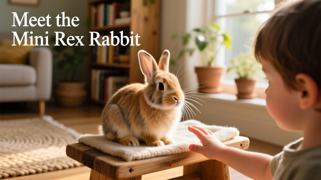 A Mini Rex rabbit sitting peacefully on a cozy indoor perch beside a child’s hand reaching out gently
