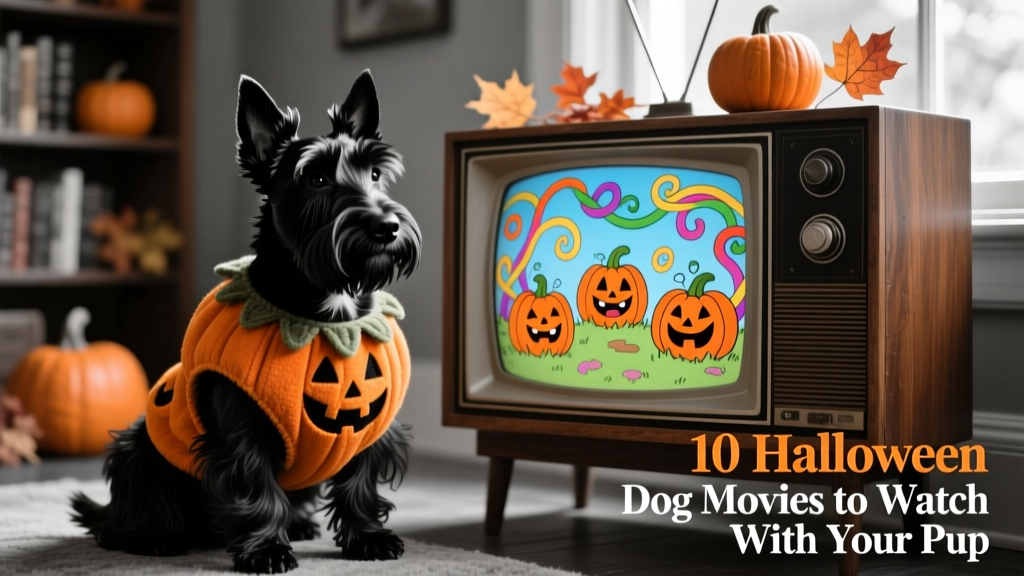 A black-and-white Scottish terrier wearing a tiny pumpkin costume, sitting beside a vintage TV showing a cartoon pumpkin patch