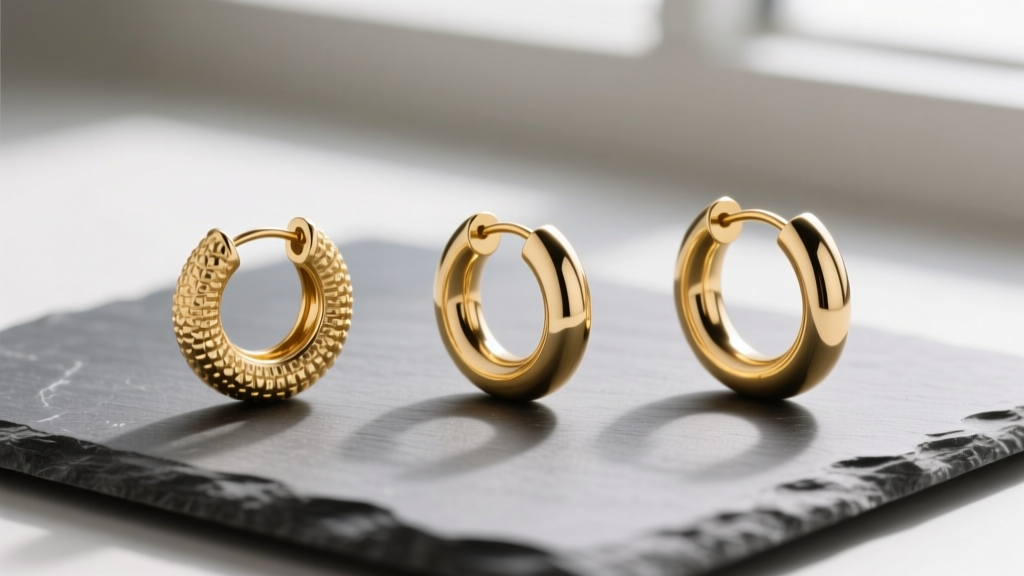 Flat lay of a 14k gold hoop earring set on slate, featuring a textured huggie, medium classic hoop, and large hollow tube hoop.