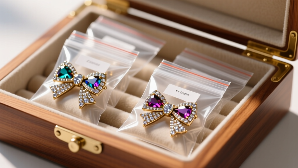Rhinestone bow earrings stored in small ziplock bags with anti-tarnish strips, placed inside a lined wooden jewelry box drawer.