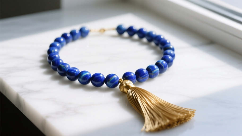 Flat lay of a vibrant lapis lazuli beaded tassel necklace on white marble, showcasing 8mm beads and a gold silk tassel drop